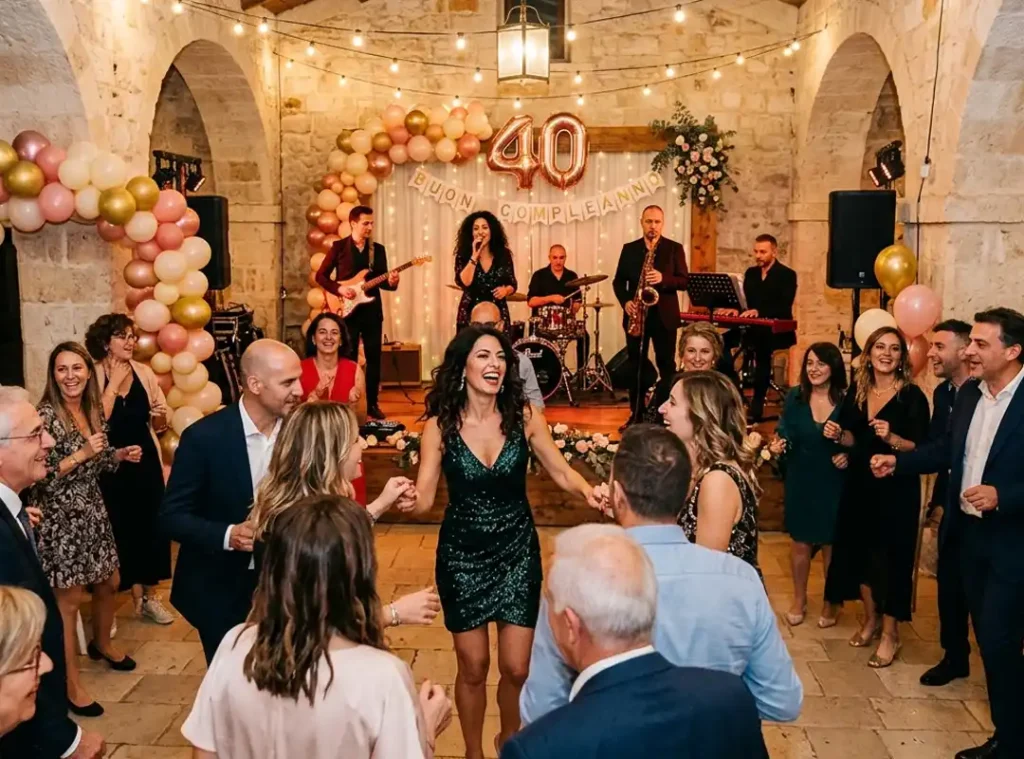 Animazione compleanno con cover band in Puglia – ospiti che ballano in sala elegante UDE