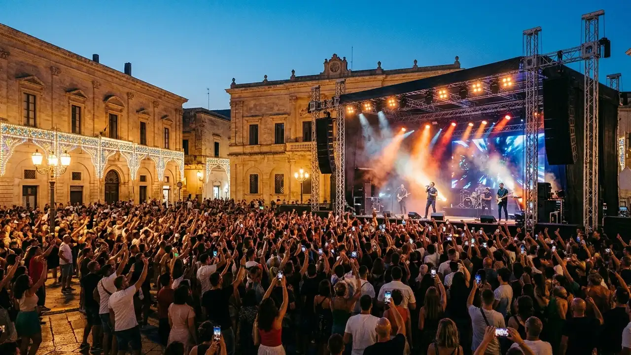 Italiana festival della musica italiana in piazza Salento con palco e pubblico live - UDE Eventi
